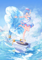 Rule 34 | 1girl, :d, animal, arm strap, armpits, atdan, bare legs, bare shoulders, bird, blue eyes, blue hair, blue theme, breasts, cleavage, cloud, dress, haiyi, hat, high heels, highres, jellyfish, leg up, looking at viewer, medium breasts, medium hair, open mouth, outstretched arms, phonograph, short dress, sky, sleeveless, sleeveless dress, smile, solo, standing, standing on one leg, synthesizer v, water, white dress, wrist cuffs