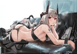 Rule 34 | 1girl, arknights, artist name, ass, bikini, black bra, black panties, bra, breasts, butt crack, clothes pull, commentary, couch, dated, ear piercing, hair ornament, hand on own cheek, hand on own face, highres, horns, long hair, looking at viewer, lying, material growth, medium breasts, mudrock (arknights), mudrock (elite ii) (arknights), on couch, on side, oripathy lesion (arknights), panties, pants, pants pull, piercing, pointy ears, red eyes, sawkm, silver hair, sketch, solo, sports bra, swimsuit, underwear, white pants
