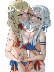 Rule 34 | 2girls, arm strap, assault lily, bare arms, bare shoulders, bikini, blonde hair, blue bikini, blunt bangs, blush, borrowed clothes, braid, braided ponytail, breast press, breasts, commentary request, cowboy shot, eye contact, flower, from side, grey hair, hair bun, hair flower, hair ornament, hair over shoulder, halterneck, heads together, highres, holding hands, interlocked fingers, kon kanaho, looking at another, low ponytail, medium breasts, mismatched bikini, miyagawa takane, multiple girls, official alternate costume, official alternate hairstyle, pearl hair ornament, purple eyes, red bikini, shade, side-tie bikini bottom, side ponytail, sidelocks, simple background, single braid, single side bun, standing, swimsuit, symmetrical docking, white background, white flower, yellow eyes, yuhana (lily yuhana), yuri