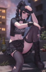 Rule 34 | 1girl, baldur&#039;s gate, baldur&#039;s gate 3, black collar, black hair, black thighhighs, blurry, blurry background, bracelet, braid, braided ponytail, breasts, cigarette, circlet, collar, crop top, cropped jacket, dungeons &amp; dragons, eyeshadow, goth fashion, green eyes, highres, holding, holding cigarette, jacket, jewelry, lips, long hair, looking at viewer, makeup, medium breasts, midriff, navel, open clothes, open jacket, personal ami, plaid, plaid skirt, pleated skirt, pointy ears, runny makeup, scar, scar on face, shadowheart (baldur&#039;s gate), shirt, sitting, skirt, sleeveless, sleeveless jacket, solo, spiked bracelet, spikes, t-shirt, thighhighs, torn clothes, torn thighhighs