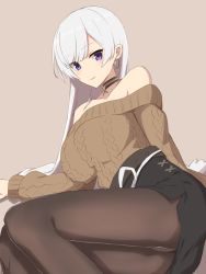 Rule 34 | 1girl, aran sweater, azur lane, belfast (azur lane), belfast (shopping with the head maid) (azur lane), beret, black pantyhose, black skirt, blush, breasts, brown background, brown sweater, cable knit, choker, cleavage, collarbone, commentary request, earrings, elfenlied22, hat, highres, hoop earrings, jewelry, large breasts, long hair, looking at viewer, off-shoulder sweater, off shoulder, pantyhose, silver hair, simple background, skirt, smile, solo, sweater