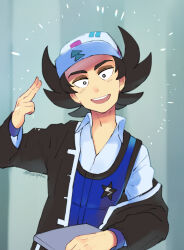 Rule 34 | 1boy, :d, black eyes, black hair, black jacket, blue vest, bright pupils, collared shirt, commentary request, creatures (company), eyeshadow, game freak, giacomo (pokemon), hand up, hat, head tilt, holding, jacket, long sleeves, looking at viewer, makeup, male focus, nintendo, nyoripoke, off shoulder, open mouth, pointy hair, pokemon, pokemon sv, shirt, smile, solo, teeth, upper body, upper teeth only, vest, white hat, white pupils, white shirt