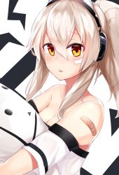 Rule 34 | 1girl, absurdres, ayanami (azur lane), ayanami (niconico) (azur lane), azur lane, bandaid, bandaid on arm, bare shoulders, blush, breasts, cleavage, collarbone, commentary request, hair between eyes, headphones, high ponytail, highres, light brown hair, long hair, looking at viewer, medium breasts, nanakaku, hugging object, off-shoulder shirt, off shoulder, parted lips, ponytail, red eyes, shirt, sidelocks, solo, stuffed toy, white background, white shirt