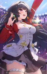 1girl :d absurdres arm_up astra_yao aviary black_hair blurry blurry_background blush bracelet breasts cleavage cropped_jacket dress earrings floating_hair hair_ornament hairband highres jacket jewelry large_breasts long_hair long_sleeves open_mouth outstretched_arm pendant red_eyes red_jacket revision smile solo stadium sweat thigh_strap thighs white_dress zenless_zone_zero