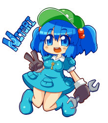 Rule 34 | 1girl, bad id, bad pixiv id, blue eyes, blue hair, boots, chibi, full body, gloves, hair bobbles, hair ornament, hat, jirousan21, kawashiro nitori, key, matching hair/eyes, open mouth, pozesuke, short hair, simple background, smile, solo, touhou, twintails, two side up, v, white background, wrench, yatarou (zombie worker)