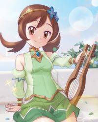 Rule 34 | 1girl, arm support, bare shoulders, blue flower, blush, breasts, brown eyes, brown hair, closed mouth, commentary request, creatures (company), day, detached sleeves, eyelashes, flower, game freak, gazing eye, green skirt, green vest, hair flower, hair ornament, hairband, highres, holding, holding instrument, instrument, lens flare, long hair, looking at viewer, lyra (pokemon), lyra (sygna suit) (pokemon), nintendo, official alternate costume, outdoors, pokemon, pokemon masters ex, sitting, skirt, sky, smile, solo, sparkle, twintails, vest, yellow hairband