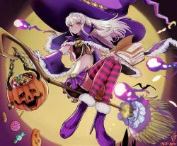 Rule 34 | 1girl, bare shoulders, book, broom, broom riding, candy, capelet, closed mouth, detached sleeves, fire emblem, fire emblem: three houses, food, full body, full moon, halloween, halloween bucket, halloween costume, hat, high heels, highres, holding, holding book, large hat, long hair, lysithea von ordelia, magic, moon, night, nintendo, pink eyes, pink thighhighs, pleated skirt, purple footwear, purple headwear, purple skirt, skirt, smile, striped clothes, striped thighhighs, thighhighs, usausanopopo5, white hair, witch, witch hat