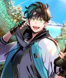 black_hair blue_sky fanart_digital green_eyes happy happy_aura jacket jang_suehan jungle_juice looking_at_viewer male_focus nature_background short_hair sky smile white_jacket