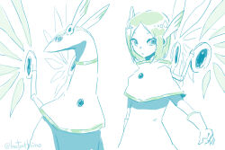 Rule 34 | 1girl, android, capelet, commentary request, dragon, dragon wings, dual persona, gloves, green hair, hotathino, looking at viewer, mechanical wings, non-humanoid robot, original, robot, robot dragon, short hair, simple background, upper body, white background, wings