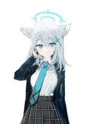 Rule 34 | 1girl, animal ear fluff, animal ears, blazer, blue archive, cowboy shot, cross, halo, hand up, jacket, long sleeves, looking at viewer, medium hair, necktie, open clothes, open jacket, parted lips, plaid, plaid skirt, quarter 1404, shiroko (blue archive), shirt, sidelocks, skirt, solo, white background, white shirt