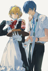 Rule 34 | 1boy, 1girl, absurdres, adjusting another&#039;s clothes, aegis (persona), apron, black dress, black pants, blonde hair, blue eyes, blue hair, blue ribbon, bow, bowtie, bread, bread slice, collared shirt, dress, food, food in mouth, gloves, grey background, hair over one eye, highres, holding, holding tray, long sleeves, maid, maid headdress, mouth hold, neck ribbon, ooc (sylyaoh), pants, parted lips, persona, persona 3, red bow, red bowtie, ribbon, shirt, short hair, short sleeves, simple background, toast, toast in mouth, tray, white apron, white gloves, white shirt, yuuki makoto (persona 3)