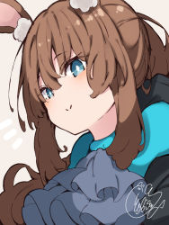 Rule 34 | 1girl, amiya (arknights), animal ear fluff, animal ears, arknights, beni shake, black jacket, blue eyes, blush, brown background, brown hair, closed mouth, commentary, hair between eyes, jacket, long hair, notice lines, open clothes, open jacket, ponytail, rabbit ears, signature, smile, solo, upper body