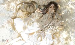 Rule 34 | 1boy, absurdres, bishounen, chinese clothes, day, dress, flower, hair down, hand fan, hanfu, highres, holding, holding fan, holding flower, lanfsir, light rays, long hair, long sleeves, looking at viewer, lying, male focus, parted lips, qiang jin jiu, sash, shen lanzhou, solo, white dress, white flower, wide sleeves