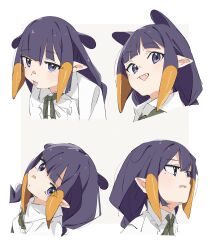 Rule 34 | 08chiwa, 1girl, blunt bangs, closed mouth, collared shirt, commentary request, cropped torso, dot mouth, expressions, fang, gradient hair, green ribbon, grimace, highres, hololive, hololive english, long hair, looking at viewer, mole, mole under eye, multicolored hair, multiple views, neck ribbon, ninomae ina&#039;nis, official alternate costume, open mouth, pointy ears, portrait, purple eyes, purple hair, ribbon, shirt, sidelocks, simple background, smile, tentacle hair, tongue, tongue out, virtual youtuber, white background, white shirt