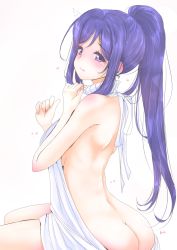 Rule 34 | 10s, 1girl, arched back, ass, back, backless outfit, bare arms, bare back, bare shoulders, breasts, butt crack, closed mouth, embarrassed, flying sweatdrops, frapowa, frown, hands up, heart, long hair, looking at viewer, love live!, love live! sunshine!!, matsuura kanan, medium breasts, meme attire, parted bangs, ponytail, purple eyes, purple hair, shoulder blades, sideboob, sitting, sleeveless, sleeveless turtleneck, solo, sweater, tears, turtleneck, turtleneck sweater, very long hair, virgin killer sweater, white sweater