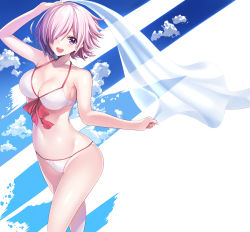 Rule 34 | 1girl, adapted costume, bikini, blue sky, cloud, fate/grand order, fate (series), hair over one eye, highres, light purple hair, mash kyrielight, mash kyrielight (swimsuit of perpetual summer), nagiha kuten, official alternate costume, open mouth, purple eyes, purple hair, short hair, sky, smile, solo, swimsuit, towel, white bikini, white towel
