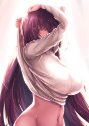 Rule 34 | 1girl, arms up, breasts, clothes pull, fate/grand order, fate (series), gradient background, highres, large breasts, long hair, looking at viewer, navel, purple hair, red eyes, revision, ribbed sweater, saboten teishoku, scathach (fate), solo, sweater, sweater pull, upper body, very long hair, white background, white sweater, wide hips