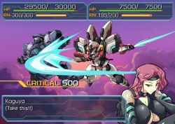 Rule 34 | 1girl, black headband, blue eyes, breasts, chibi, cleavage, damage numbers, energy sword, english text, fake screenshot, green eyes, haganef, headband, health bar, holding, holding sword, holding weapon, large breasts, looking to the side, mecha, open hand, open hands, original, parted lips, red hair, robot, smirk, srw battle screen, super robot wars, sword, v-fin, weapon