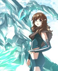 Rule 34 | 1girl, absurdres, brown hair, commentary, from side, grey eyes, highres, hino miwa, ishiyumi, long hair, looking at viewer, mark sein, mecha, open hands, pilot suit, robot, smile, soukyuu no fafner