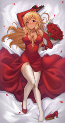 Rule 34 | 1girl, alternate costume, arms up, bare shoulders, blonde hair, blush, bouquet, breasts, brown eyes, dark-skinned female, dark skin, dress, elbow gloves, elf, flower, garter straps, gloves, gun, hair down, handgun, high heels, hololive, jewelry, large breasts, long dress, long hair, looking at viewer, low neckline, lying, multicolored hair, necklace, on back, on bed, pistol, plunging neckline, pointy ears, red dress, red flower, red footwear, red gloves, red rose, rose, shiranui flare, shoes, unworn shoes, smile, solo, streaked hair, thighhighs, virtual youtuber, vococo, weapon, white thighhighs