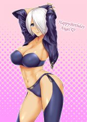 Rule 34 | 1girl, abs, angel (kof), arms behind head, arms up, blue eyes, bra, breasts, chaps, cleavage, contrapposto, cropped jacket, hair over one eye, happy birthday, jacket, large breasts, lips, micro shorts, midriff, navel, open clothes, open jacket, polka dot, polka dot background, short shorts, shorts, skindentation, sleeves pushed up, smile, solo, st.germain-sal, standing, strapless, strapless bra, the king of fighters, underwear, white hair