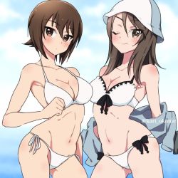 Rule 34 | 10s, 2girls, bikini, blue hat, blue jacket, blue sky, blush, bow, bow bikini, breasts, brown eyes, brown hair, cleavage, closed mouth, cloud, cloudy sky, collarbone, commentary, cowboy shot, crotch seam, day, girls und panzer, groin, hat, jacket, kari okome, keizoku military uniform, light blush, light frown, long hair, looking at viewer, medium breasts, mika (girls und panzer), military, military uniform, multiple girls, navel, nishizumi maho, off shoulder, one-hour drawing challenge, one eye closed, outdoors, ribs, short hair, side-tie bikini bottom, sky, smile, standing, swimsuit, thighs, track jacket, twitter username, undressing, uniform, white bikini