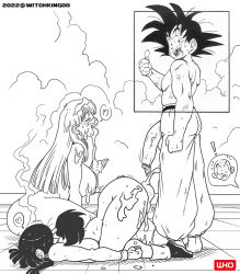 Rule 34 | 1boy, 2girls, after fellatio, after vaginal, aftersex, breasts, bulma, chi-chi (dragon ball), cum, cum in mouth, cum in pussy, cum on ass, cum on hair, dragonball z, facial, half-closed eyes, heart, huge penis, large breasts, long hair, looking at viewer, multiple girls, muscular, penis, ponytail, son goku, speech bubble, sweat, testicles, top-down bottom-up, veins, veiny penis, witchking00