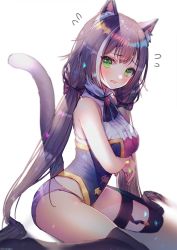 Rule 34 | 1girl, animal ears, bare arms, bare shoulders, black hair, black thighhighs, breasts, cat ears, cat girl, cat tail, gold trim, green eyes, hanato (seonoaiko), highres, karyl (princess connect!), long hair, looking at viewer, low twintails, medium breasts, multicolored hair, neck ribbon, no pants, no shoes, open mouth, panties, princess connect!, purple panties, ribbon, shirt, simple background, sitting, sleeveless, sleeveless shirt, solo, streaked hair, tail, tail raised, thighhighs, thighs, twintails, underwear, very long hair, wariza, white background