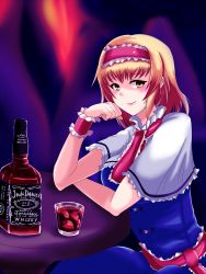 Rule 34 | 1girl, alcohol, alice margatroid, blonde hair, bottle, breasts, capelet, dress, earrings, female focus, frills, glass, hairband, highres, jack daniel&#039;s, jewelry, looking at viewer, product placement, sekitaku, small breasts, smile, solo, touhou, whiskey, wrist cuffs, yellow eyes