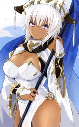 Rule 34 | 1girl, blue flag, blush, breasts, bridal gauntlets, cleavage, closed mouth, commentary request, cowboy shot, dark-skinned female, dark skin, flag, gomashi (goma), hair between eyes, hand up, holding, holding flag, large breasts, leotard, looking at viewer, o-ring, original, pelvic curtain, purple eyes, shrug (clothing), smile, solo, standing, white hair, white headwear, white leotard, wide sleeves