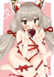 Rule 34 | 1girl, @ @, animal ear fluff, animal ears, aquas desuyo, barefoot, blunt bangs, blush, bow, breasts, cat ears, grey hair, heart, highres, holding, holding heart, looking at viewer, medium breasts, naked ribbon, navel, nia (blade) (xenoblade), nia (xenoblade), nintendo, niyah, pink background, ribbon, shy, skindentation, solo, spoilers, thighhighs, thighs, twintails, valentine, white background, xenoblade chronicles (series), xenoblade chronicles 2, yellow eyes