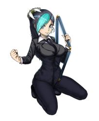 Rule 34 | 1girl, alternate breast size, aqua hair, between breasts, black footwear, black hair, black nails, black necktie, blue eyes, breasts, clenched hand, closed mouth, english text, eyes visible through hair, female focus, flower, formal, full body, hair flower, hair ornament, hairclip, highres, holding, holding weapon, large breasts, lily (flower), long hair, long sleeves, looking at viewer, multicolored hair, nail polish, necktie, one-punch man, pants, ponytail, revision, sansetsukon no lily, shoes, smile, solo, squatting, suit, the golden smurf, three section staff, transparent background, two-tone hair, weapon