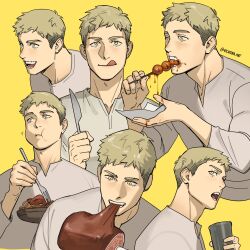 Rule 34 | 1boy, biting, boned meat, chewing, commentary, cropped torso, cup, dungeon meshi, eating, english commentary, etceteraart, food, food in mouth, food on face, fork, grey hair, grey shirt, highres, holding, holding cup, holding fork, laios touden, licking lips, male focus, meat, multiple views, open mouth, shirt, tongue, tongue out, twitter username, yellow background, yellow eyes