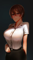Rule 34 | 1girl, arm behind back, badcompzero, black background, breasts, brown eyes, brown hair, earrings, jewelry, large breasts, light smile, looking at viewer, shadow, shirt, short hair, simple background, skirt, solo, white shirt