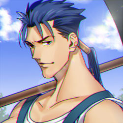Rule 34 | 1boy, blue hair, chromatic aberration, cloud, cu chulainn (fate), cu chulainn (fate/stay night), day, fate/stay night, fate (series), lens flare, long hair, looking at viewer, low ponytail, lowres, male focus, mitsuki mitsuno, official alternate costume, overalls, ponytail, red eyes, sky, solo, upper body