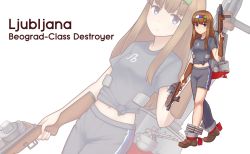 Rule 34 | 1girl, blue eyes, breasts, brown footwear, brown hair, commission, expressionless, full body, grey shirt, gun, hairband, highres, holding, holding gun, holding weapon, jacy, long hair, looking at viewer, medium breasts, navel, original, shirt, short sleeves, solo, weapon
