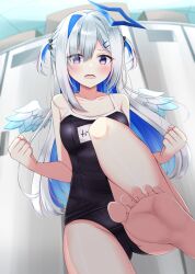 Rule 34 | 1girl, absurdres, amane kanata, amane kanata (work), angel wings, bare shoulders, barefoot, black one-piece swimsuit, blue eyes, blue hair, blurry, blurry background, blush, bow, breasts, clenched hands, collarbone, colored inner hair, commentary request, feathered wings, feet, foreshortening, grey hair, hair bow, hair ornament, hair over one eye, hairclip, halo, highres, hololive, kamesys, knee up, locker, locker room, long hair, looking at viewer, mini wings, multicolored hair, name tag, one-piece swimsuit, open mouth, parted bangs, pink hair, school swimsuit, shiny skin, sidelocks, single hair intake, small breasts, soles, solo, standing, standing on one leg, star halo, streaked hair, swept bangs, swimsuit, thighs, toes, two side up, virtual youtuber, wings