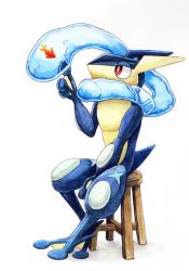 Rule 34 | absurdres, adapted costume, air bubble, animal, between legs, blue scarf, blue theme, bubble, creatures (company), fish, full body, game freak, gen 6 pokemon, goldfish, greninja, hand between legs, hand up, highres, liquid clothes, looking away, misonikomiii, nintendo, no humans, pokemon, pokemon (creature), poking, red eyes, scarf, simple background, sitting, solo, stool, water, white background