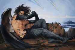 Rule 34 | 1boy, abs, arms up, black hair, blue sky, cloud, completely nude, covering own mouth, fallen angel (painting), feathered wings, fine art parody, fingernails, floating hair, full body, highres, howl (howl no ugoku shiro), howl no ugoku shiro, jewelry, leaf, long hair, male focus, mimimaru, muscular, muscular male, navel, necklace, nipples, nude, outdoors, parody, pectorals, plant, reclining, sharp fingernails, shooting star, sky, solo, wings
