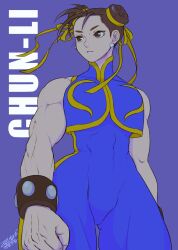 Rule 34 | blue bodysuit, bodysuit, bracelet, capcom, character name, chun-li, clenched hand, double bun, earrings, hair bun, hair ribbon, high collar, jewelry, misodiru, muscular, muscular female, official alternate costume, official alternate hairstyle, pearl earrings, ribbon, serious, signature, simple background, standing, street fighter, yellow stripes