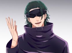 Rule 34 | 1boy, black hair, black jacket, blindfold, cosplay, covered eyes, ear piercing, facing viewer, getou suguru, gojou satoru, gojou satoru (cosplay), gradient background, grey background, hair slicked back, hand up, high collar, highres, jacket, jujutsu kaisen, long sleeves, male focus, open mouth, piercing, short hair, smile, solo, upper body, xxhane