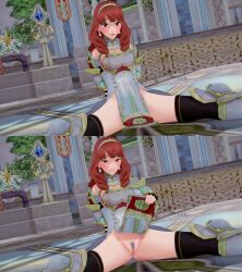 Rule 34 | 3d, blush, celica (fire emblem), exhibitionism, exhibitionist, fire emblem, fire emblem echoes: shadows of valentia, flashing, flashing pussy, highres, jollyoldsoldier, koikatsu, naughty face, naughty smile, nintendo, no panties, no panties under skirt, pubic hair, public indecency