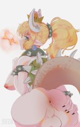 Rule 34 | anus, ass grab, black nails, blonde hair, blue eyes, bowsette, breasts, crown, fire, from behind, highres, horns, large breasts, looking back, mario (series), nail polish, new super mario bros. u deluxe, newhalf, nintendo, nipples, nude, penis, pointy ears, ponytail, red hair, shell, tail, testicles