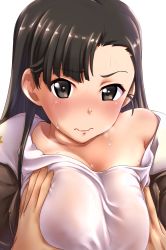 Rule 34 | 1girl, asymmetrical bangs, blush, grabbing another&#039;s breast, breasts, brown eyes, brown hair, brown jacket, chi-hatan military uniform, closed mouth, commentary request, frown, girls und panzer, grabbing, highres, jacket, kobamiso (kobalt), large breasts, long hair, looking at viewer, nishi kinuyo, off shoulder, open clothes, open jacket, open mouth, partial commentary, shirt, solo, sweat, upper body, wavy mouth, white background, white shirt