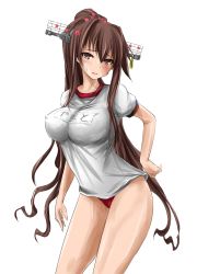 Rule 34 | 10s, 1girl, blush, breasts, brown eyes, brown hair, buruma, engetsu rin, flower, gym uniform, hair flower, hair ornament, headgear, highres, kantai collection, large breasts, long hair, looking at viewer, name tag, personification, ponytail, solo, sweatdrop, thighs, very long hair, white background, yamato (kancolle)