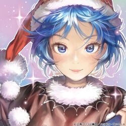 Rule 34 | album cover, black dress, blue eyes, blue hair, book, check commentary, close-up, commentary, commentary request, cover, doremy sweet, dress, fur collar, hat, iosys, matsuda (matsukichi), nightcap, official art, pom pom (clothes), red hat, short hair, smile, sparkle background, touhou, touhou cannonball, upper body, very short hair