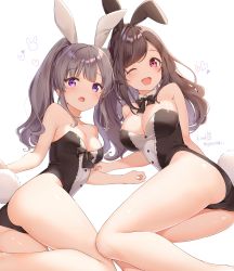 Rule 34 | 2girls, ;d, animal ears, artist name, ass, bare shoulders, barefoot, black neckwear, blush, bow, bowtie, breasts, brown hair, cleavage, collarbone, commentary request, detached collar, eyebrows, fake animal ears, feet, grey hair, highres, idolmaster, idolmaster shiny colors, kinako (shiratama mochi), large breasts, leotard, long hair, looking at viewer, lying, medium breasts, multiple girls, necktie, on side, one eye closed, open mouth, playboy bunny, ponytail, purple eyes, rabbit ears, rabbit tail, red eyes, sidelocks, simple background, smile, swept bangs, tail, thighs, tsukioka kogane, white background, yukoku kiriko