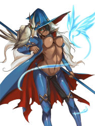 Rule 34 | 1girl, animal, animal on arm, bikini, bikini top only, bird, bird on arm, blue pants, breasts, coat, covered erect nipples, dark-skinned female, dark skin, eyepatch, gender request, genderswap, green eyes, groin, hat, highres, holding, holding weapon, large breasts, long hair, long sleeves, midriff, myk (cccmccc), navel, odin (p&amp;d), pants, polearm, popped collar, puzzle &amp; dragons, simple background, solo, swimsuit, torn clothes, torn coat, underboob, weapon, white background, white hair