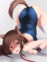 Rule 34 | 10s, 1girl, animal ears, ass, bdsm, bent over, bondage, bound, breasts, brown eyes, brown hair, chain, competition school swimsuit, cuffs, dog ears, dog tail, idolmaster, idolmaster million live!, kaiga, kitazawa shiho, leash, long hair, medium breasts, one-piece swimsuit, open mouth, school swimsuit, solo, swimsuit, tail, top-down bottom-up, white legwear