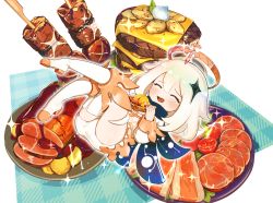 Rule 34 | 1girl, boots, bread, cheese, constellation, closed eyes, food, food on face, genshin impact, hair ornament, halo, highres, long hair, long sleeves, meat, open mouth, paimon (genshin impact), sauce, seigetsu kotaku, skewer, smile, solo, sparkle, thigh boots, thighhighs, white footwear, white hair